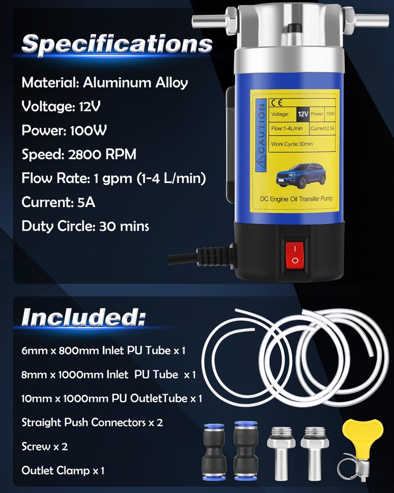 FAITIO Oil Pump 12V 100W, Oil Extractor Pump for Engine Oil Change, Electric Fluid Transfer Pump for Motor Oil, Gear Oil, Transmission Fluid Removal, Self-Priming Oil Transfer Pump for Car, Mower, Marine - Image 5