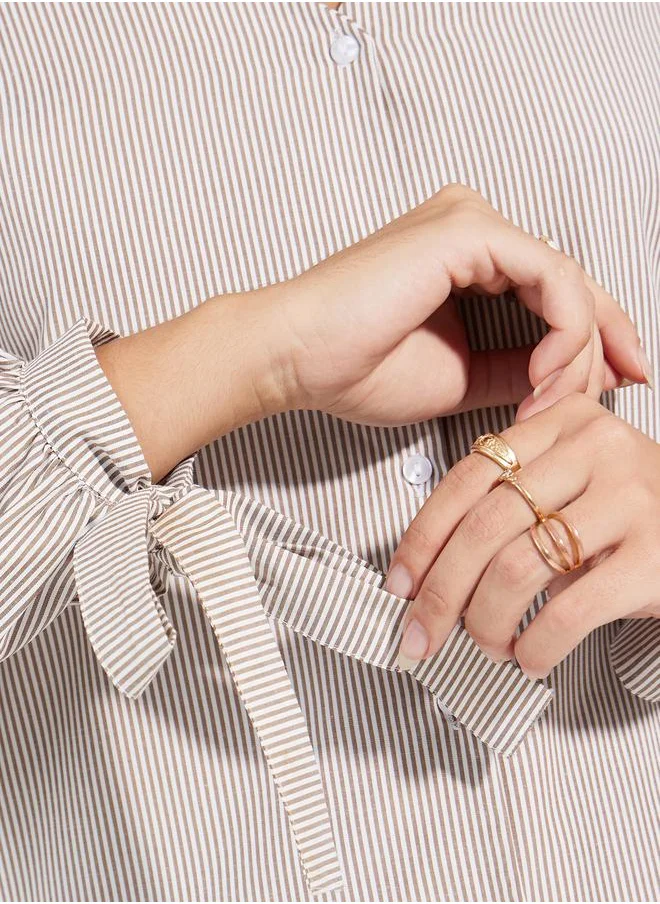 ستايلي Striped V Neck Blouse with Tie-Cuff Sleeves