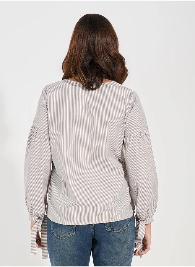 ستايلي Striped V Neck Blouse with Tie-Cuff Sleeves