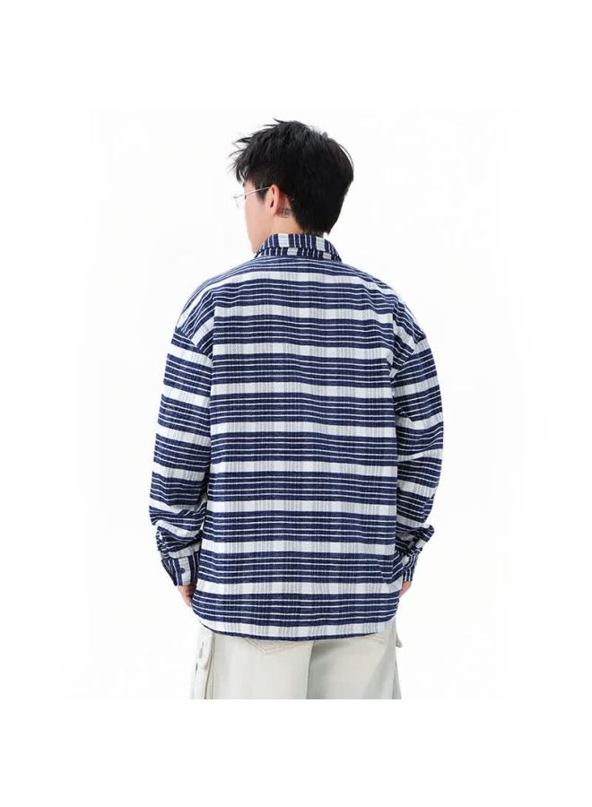 Dingfengbaoluo Men's American Casual Shirt Autumn Winter Loose Comfortable Trendy Plaid Jacket Coat Zd81 Sky Blue XL - Image 2