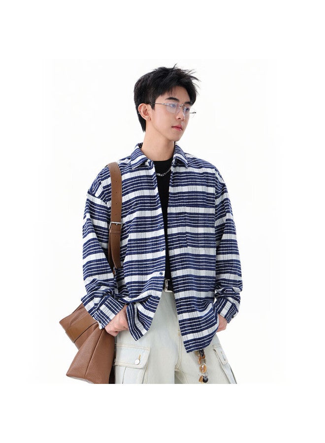 Dingfengbaoluo Men's American Casual Shirt Autumn Winter Loose Comfortable Trendy Plaid Jacket Coat Zd81 Sky Blue XL - Image 1