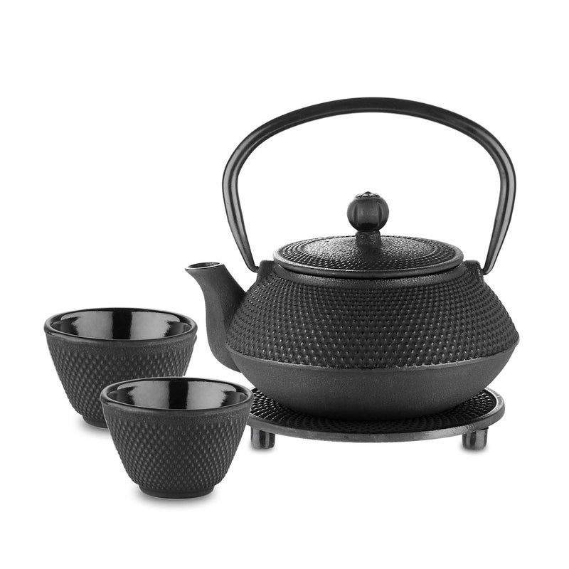 Velaze Cast Iron Teapot SetJapanese Teapot Heat Preservation with TrivetStainless Steel Infuser and 2 CupsDurable Cast Iron with a Fully Enameled InteriorBeautiful Hammered Design700ML23oz