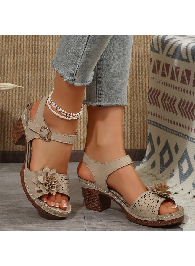 Plus-size Women's Wedge Sandals With Thick Soles Style, Chunky Heels, Large Size, Floral Decoration, Single Strap, European And American Style