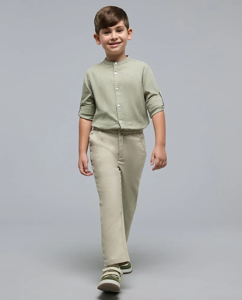أر أند بي Solid Shirt with Mandarin Collar and Long Sleeves