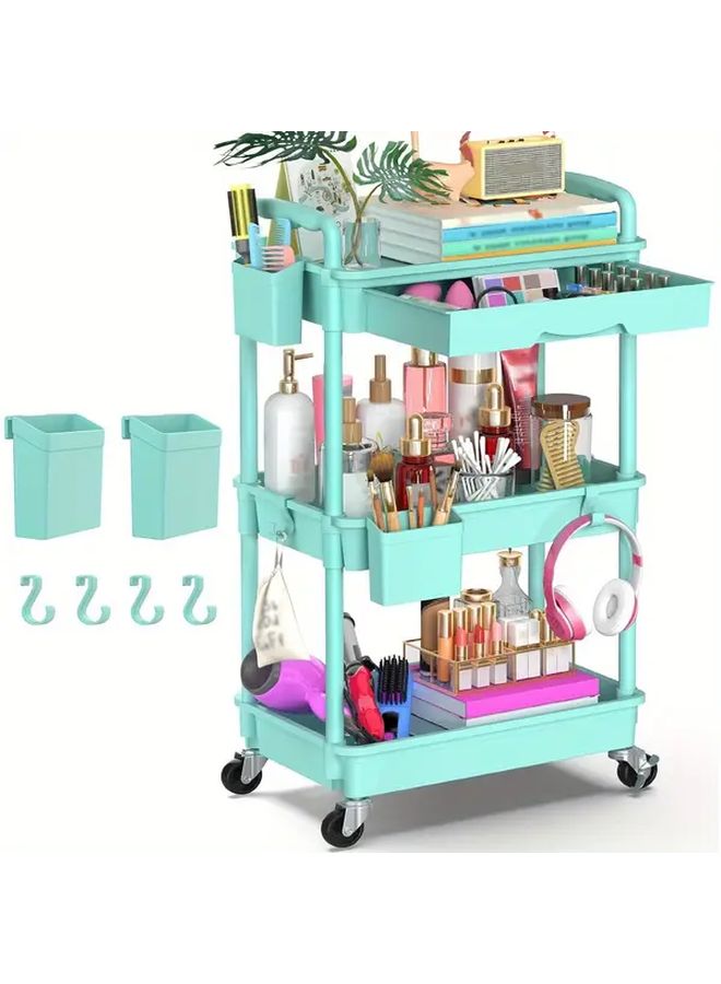 عربة متعددة الاستخدامات زرقاء من 3 طبقات بعجلات قابلة للقفل ورفوف بلاستيكية، منظّم تخزين متعدد الوظائف للمطبخ والحمام والمكتب - Image 1