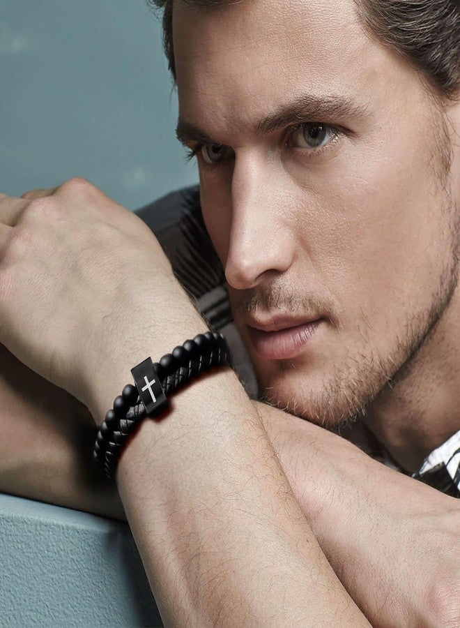 HEEYA Black Leather Mens Bracelet for Men,Beads Stretch Bracelet for Men,Christian Inspirational Bible Verse Bracelets,Leather Wristband Bracelet for Religious Baptism,Anniversary,Valentine,Christmas - Image 3
