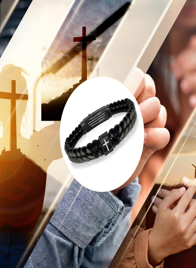 HEEYA Black Leather Mens Bracelet for Men,Beads Stretch Bracelet for Men,Christian Inspirational Bible Verse Bracelets,Leather Wristband Bracelet for Religious Baptism,Anniversary,Valentine,Christmas - Image 5