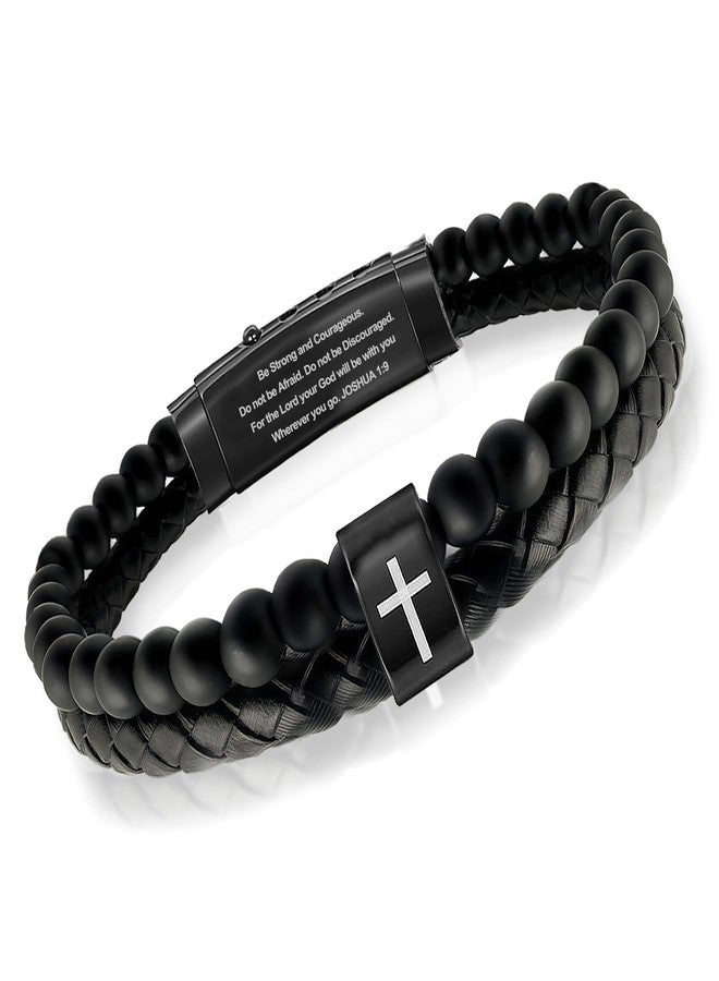 HEEYA Black Leather Mens Bracelet for Men,Beads Stretch Bracelet for Men,Christian Inspirational Bible Verse Bracelets,Leather Wristband Bracelet for Religious Baptism,Anniversary,Valentine,Christmas - Image 1