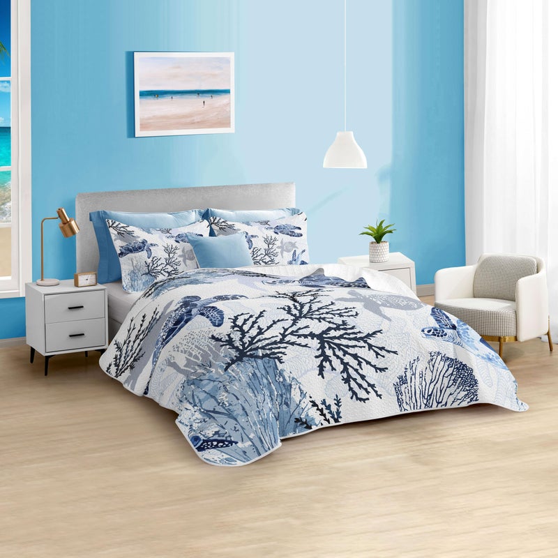 weesire Coastal Bedding Twin Size Coastal Quilt with Shams  Nautical Bedding Beach Comforter Sets Ocean Bedspreads Blue Seaturtle Coverlet Summer Bedding  68''x86''  - Image 2