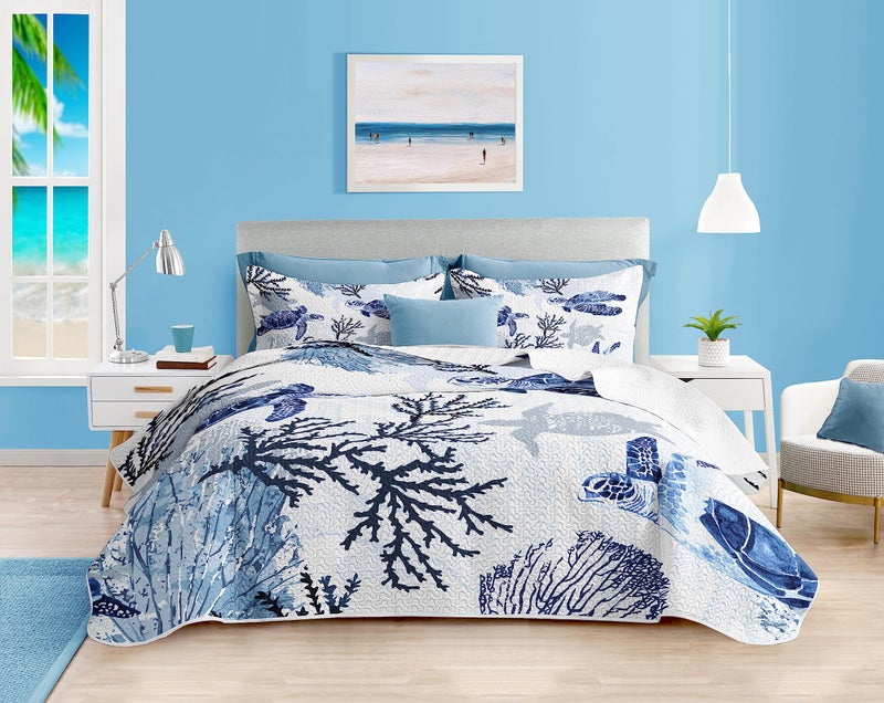 weesire Coastal Bedding Twin Size Coastal Quilt with Shams  Nautical Bedding Beach Comforter Sets Ocean Bedspreads Blue Seaturtle Coverlet Summer Bedding  68''x86''  - Image 1