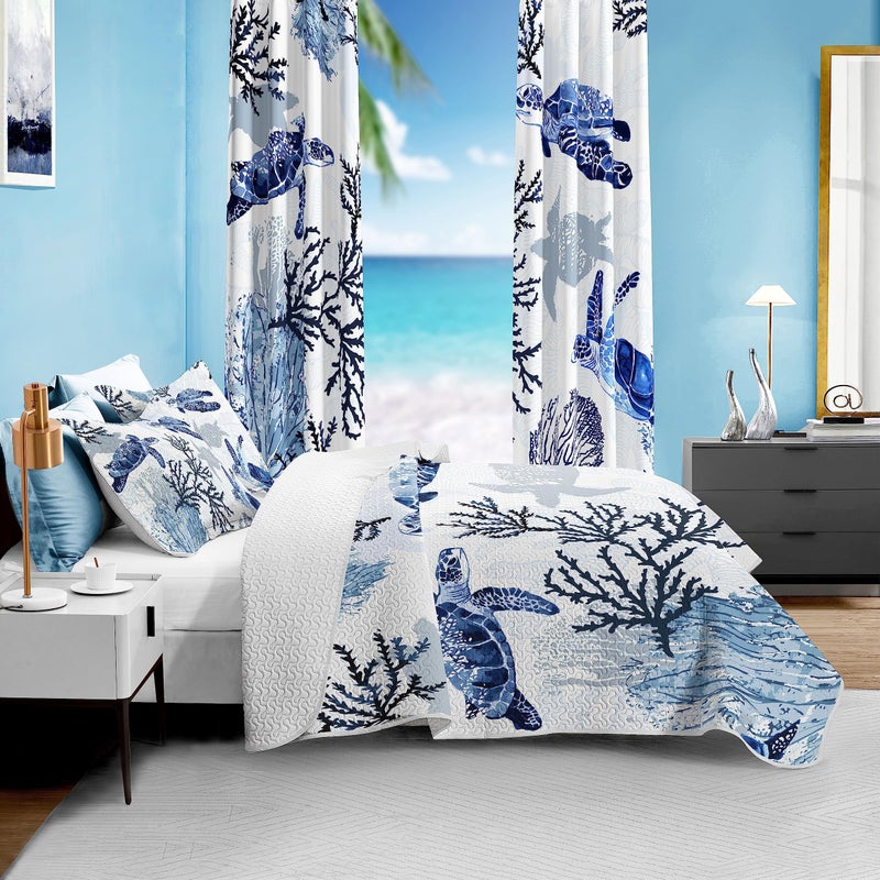 weesire Coastal Bedding Twin Size Coastal Quilt with Shams  Nautical Bedding Beach Comforter Sets Ocean Bedspreads Blue Seaturtle Coverlet Summer Bedding  68''x86''  - Image 3