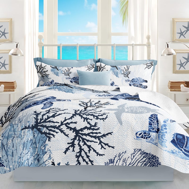 weesire Coastal Bedding Twin Size Coastal Quilt with Shams  Nautical Bedding Beach Comforter Sets Ocean Bedspreads Blue Seaturtle Coverlet Summer Bedding  68''x86''  - Image 4