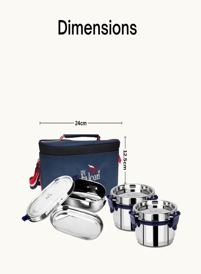 PDDFALCON Stainless Steel EcoNxt Oval Meal Lunch Box Set of 3 with Insulated Bag, BIS Certified, Jindal Seal & Made in India Lunch Box (Navy Blue - 1130ml) - Image 3