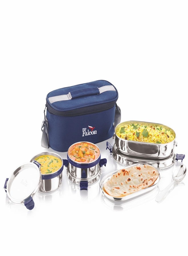 PDDFALCON Stainless Steel EcoNxt Oval Meal Lunch Box Set of 3 with Insulated Bag, BIS Certified, Jindal Seal & Made in India Lunch Box (Navy Blue - 1130ml) - Image 1