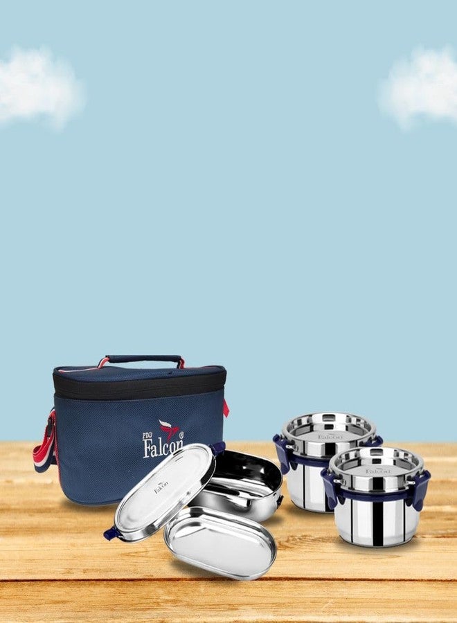 PDDFALCON Stainless Steel EcoNxt Oval Meal Lunch Box Set of 3 with Insulated Bag, BIS Certified, Jindal Seal & Made in India Lunch Box (Navy Blue - 1130ml) - Image 2