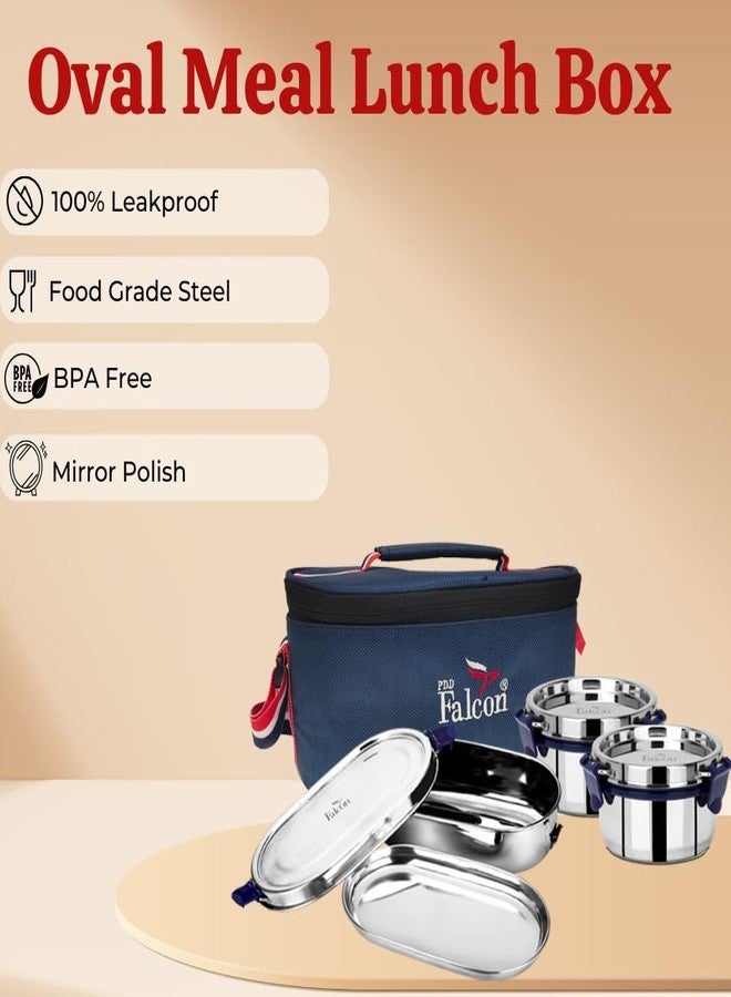 PDDFALCON Stainless Steel EcoNxt Oval Meal Lunch Box Set of 3 with Insulated Bag, BIS Certified, Jindal Seal & Made in India Lunch Box (Navy Blue - 1130ml) - Image 4