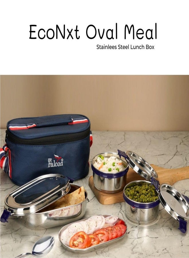 PDDFALCON Stainless Steel EcoNxt Oval Meal Lunch Box Set of 3 with Insulated Bag, BIS Certified, Jindal Seal & Made in India Lunch Box (Navy Blue - 1130ml) - Image 5