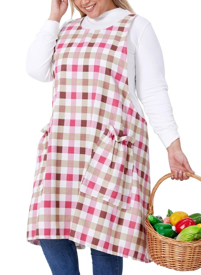 VIKIDEER Comfortable Huge Plus Size Aprons for Women Adjustable Cross Back Floral Cotton Linen Aprons Red Grid - Image 1