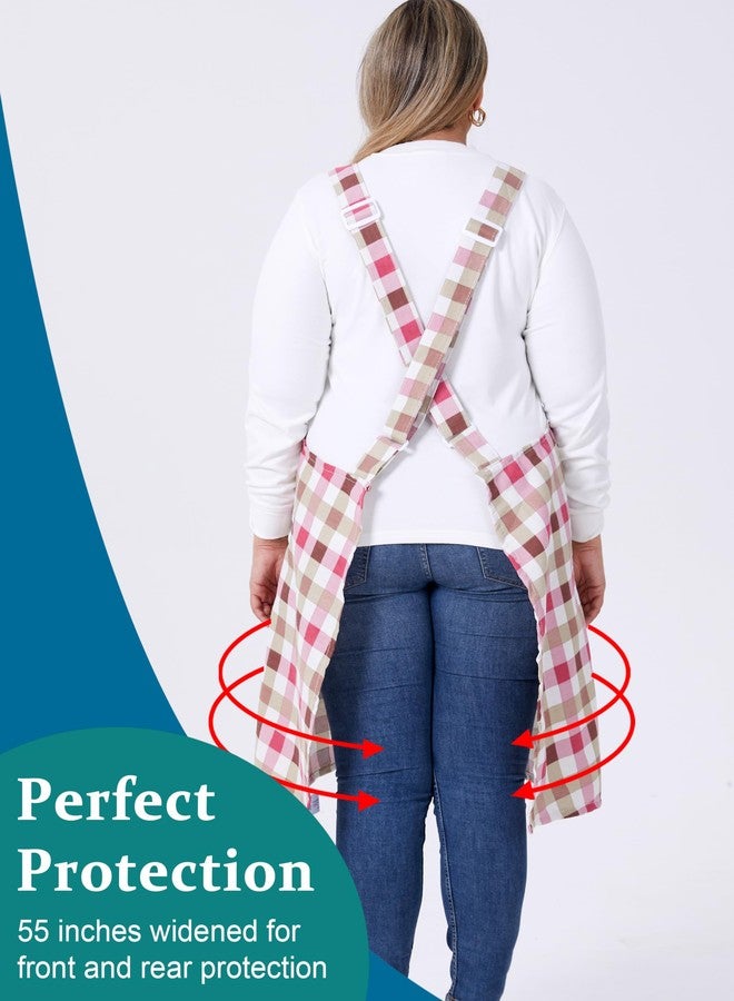 VIKIDEER Comfortable Huge Plus Size Aprons for Women Adjustable Cross Back Floral Cotton Linen Aprons Red Grid - Image 2