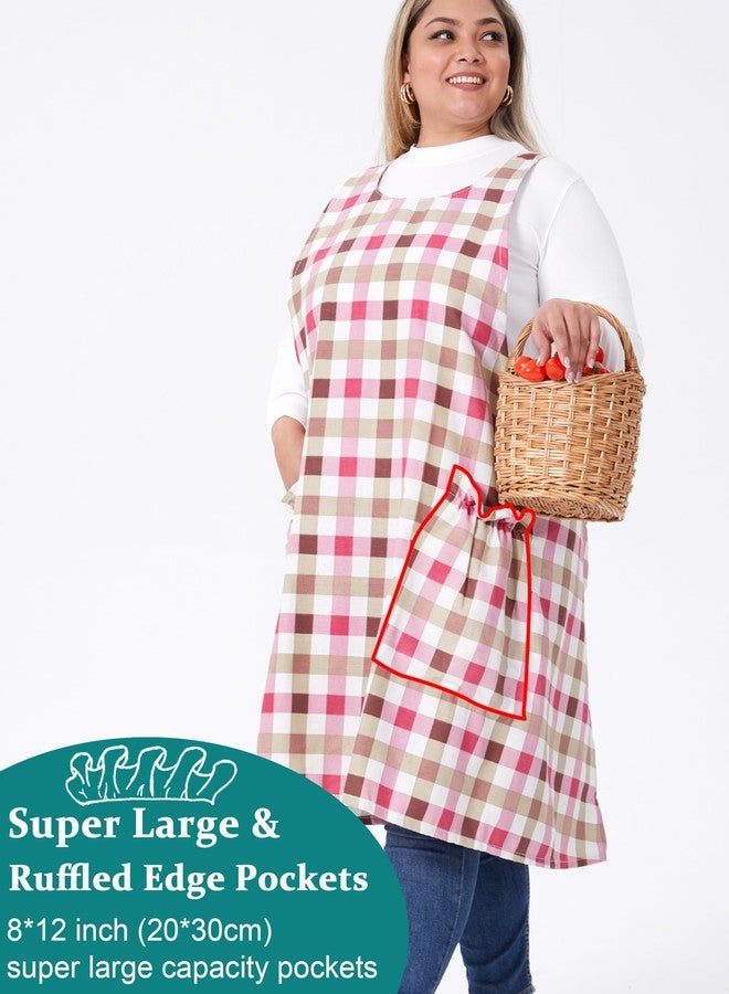 VIKIDEER Comfortable Huge Plus Size Aprons for Women Adjustable Cross Back Floral Cotton Linen Aprons Red Grid - Image 3