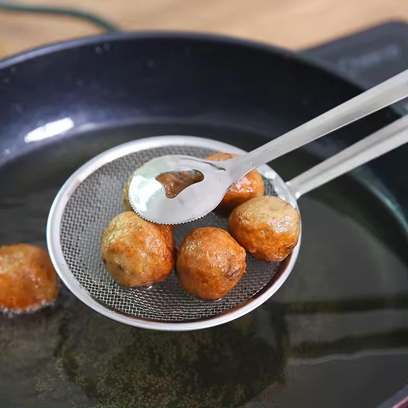 DAYANIDHI Dayanadhi Stainless Steel Oil Frying Filter Spoon Cooking Tong Strainer with Clip Mesh Oil Frying Filter for BBQ Fried Food Strainer with Grip for Kitchen Use 1 Piece - Image 3