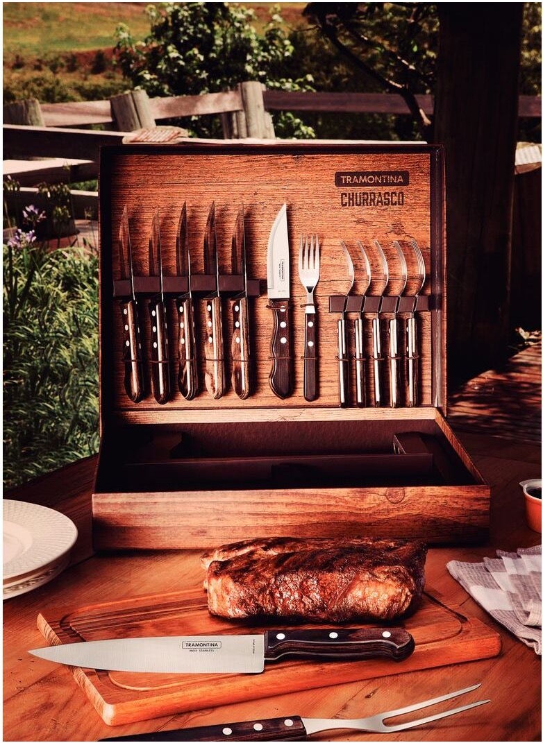 TRAMONTINA - Since 1911,Made in Brazil-  15 Pcs Complete Bbq Knives Set With Cutting Board Polywood Handles Impact Heat And Water Resistant 5 Years Warranty - Image 1
