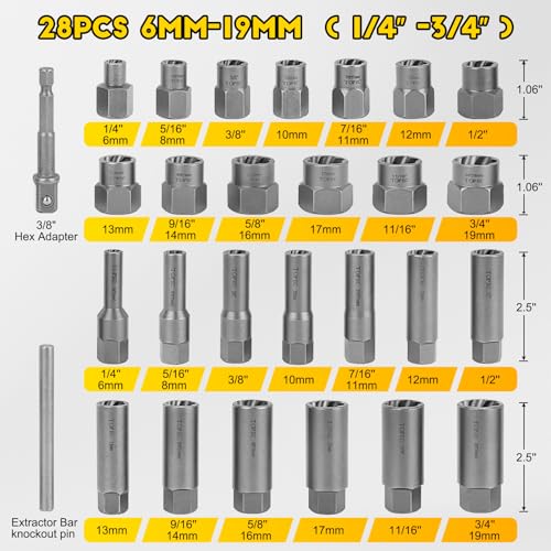 Topec Deep Bolt Extractor Set 28PCS, 3/8" Drive Bolt Extractor Kit, Spark Plug Extractor Socket Set, Lug Nut Removal Tool for Stripped, Broken, Rounded Bolts Lug Nut Stud Remove - Image 3