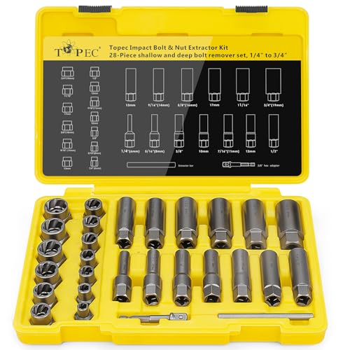 Topec Deep Bolt Extractor Set 28PCS, 3/8" Drive Bolt Extractor Kit, Spark Plug Extractor Socket Set, Lug Nut Removal Tool for Stripped, Broken, Rounded Bolts Lug Nut Stud Remove - Image 1