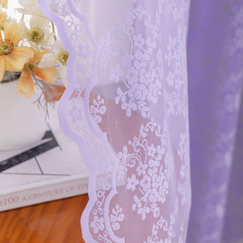 YJ YANJUN Lavender Curtains For Bedroom Girls 2 Panels Set Light Purple Sheer Lace Curtains 63 Inch Length French Country Floral Voile Sheer Panels For Kitchen Living Room Lilac W52 X L63 - Image 3