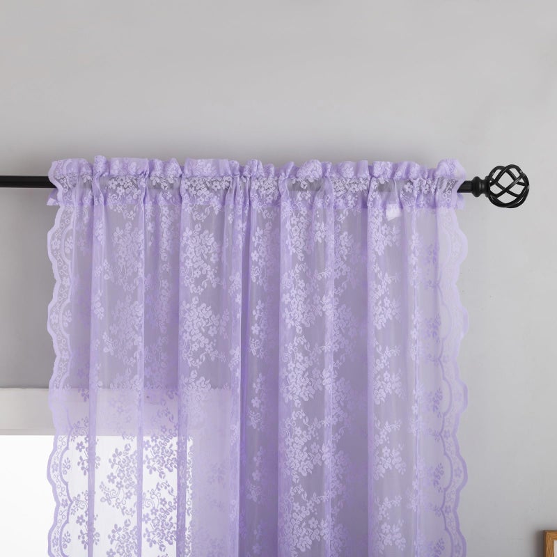 YJ YANJUN Lavender Curtains For Bedroom Girls 2 Panels Set Light Purple Sheer Lace Curtains 63 Inch Length French Country Floral Voile Sheer Panels For Kitchen Living Room Lilac W52 X L63 - Image 2