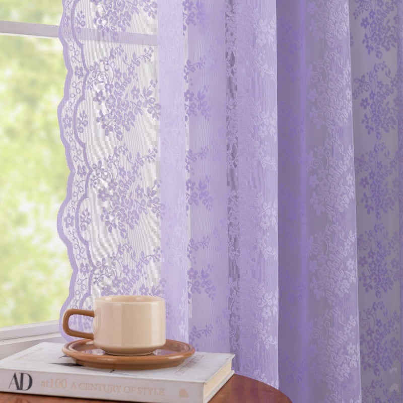 YJ YANJUN Lavender Curtains For Bedroom Girls 2 Panels Set Light Purple Sheer Lace Curtains 63 Inch Length French Country Floral Voile Sheer Panels For Kitchen Living Room Lilac W52 X L63 - Image 5