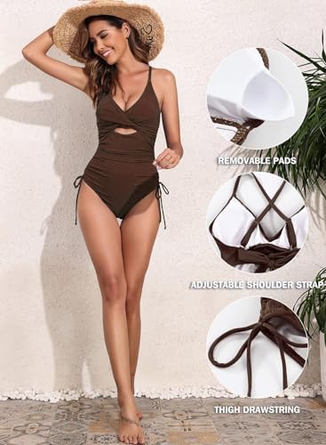 Aleumdr Tummy Control One Piece Swimsuit for Women Sexy V Neck High Cut Bathing Suit Cutout Tie Side Monokini Brown Medium - Image 5