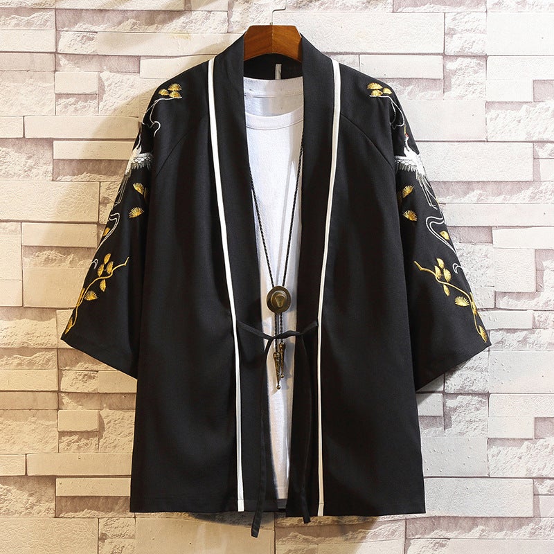 2024 Chinese Style Shirt Mens Loose Cardigan Robe Japanese Style Crane Embroidered Seven-Sleeve Hanfu Thin Coat 208 Black 