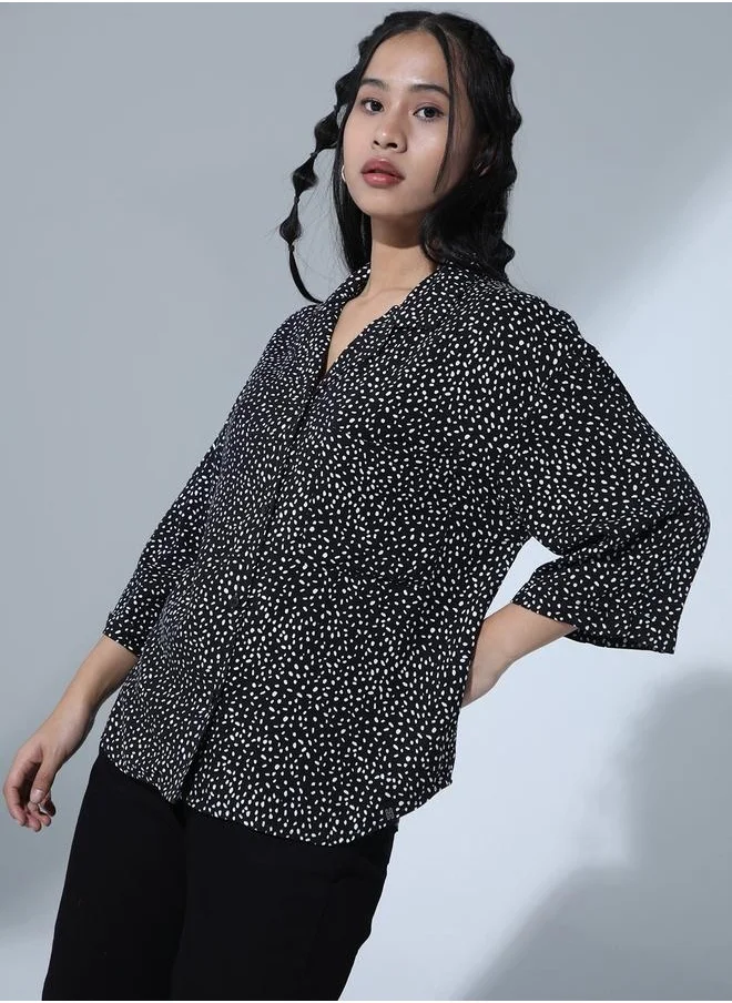 هوبرهولمي Black Geometric Print Oversized Party Shirt for Women, Spread Collar Style