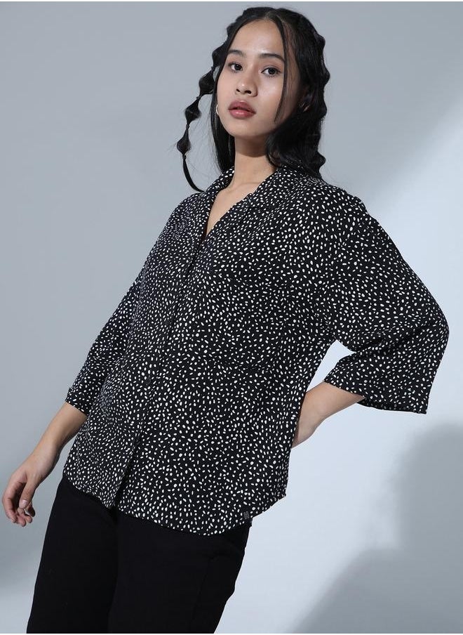 Hubberholme Black Geometric Print Oversized Party Shirt for Women, Spread Collar Style  - Image 1
