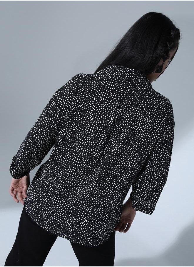 Hubberholme Black Geometric Print Oversized Party Shirt for Women, Spread Collar Style  - Image 3