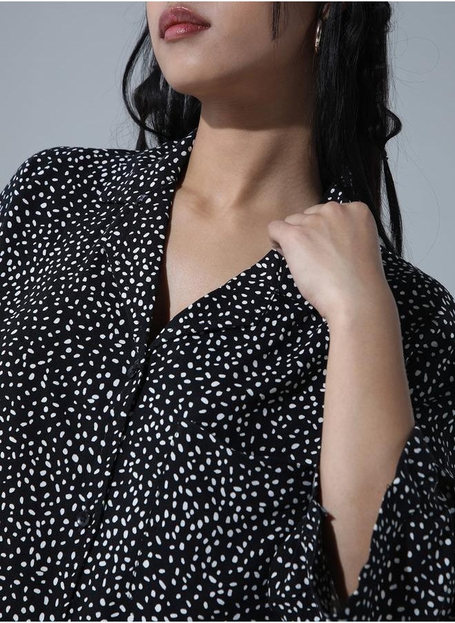 Hubberholme Black Geometric Print Oversized Party Shirt for Women, Spread Collar Style  - Image 5