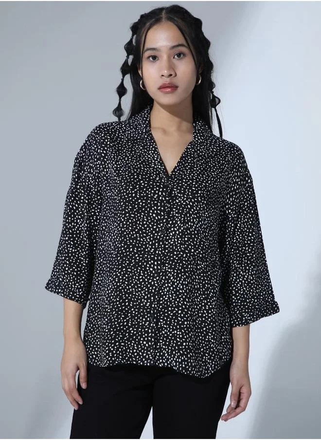 هوبرهولمي Black Geometric Print Oversized Party Shirt for Women, Spread Collar Style