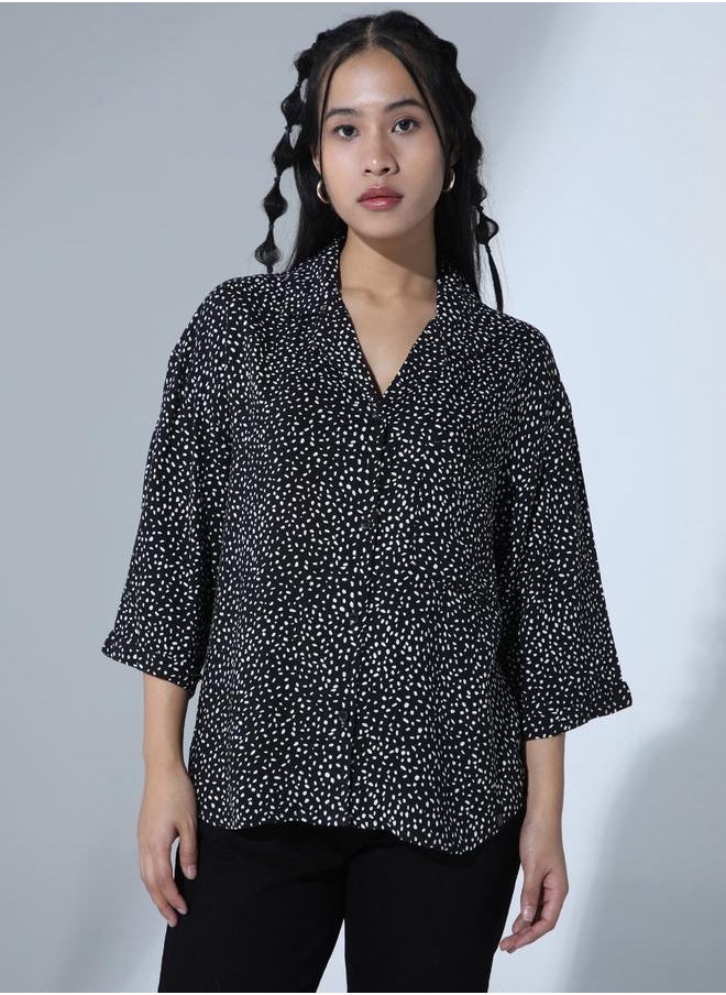 Hubberholme Black Geometric Print Oversized Party Shirt for Women, Spread Collar Style  - Image 2