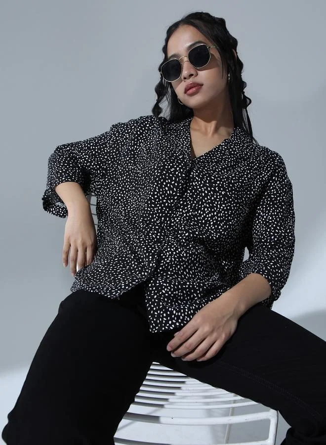 Hubberholme Black Geometric Print Oversized Party Shirt for Women, Spread Collar Style