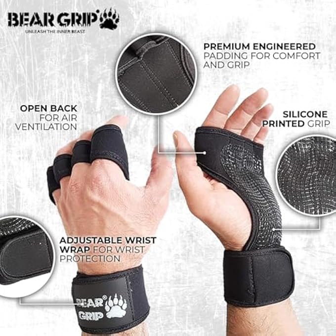 BEAR GRIPS قفازات تدريب مفتوحة للرجال والنساء – قفازات رياضية مع أغطية معصم قابلة للتعديل، قبضة سيليكون، تصميم يد مفتوحة قابلة للتنفس للكروس فيت، رفع الأثقال، كمال الأجسام، تمارين الكاليستينكس - Image 3