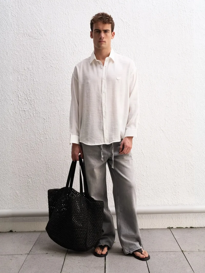 Giesto White GIESTO Oversize Düğmeli Modal Gömlek for Men | Best Price UAE