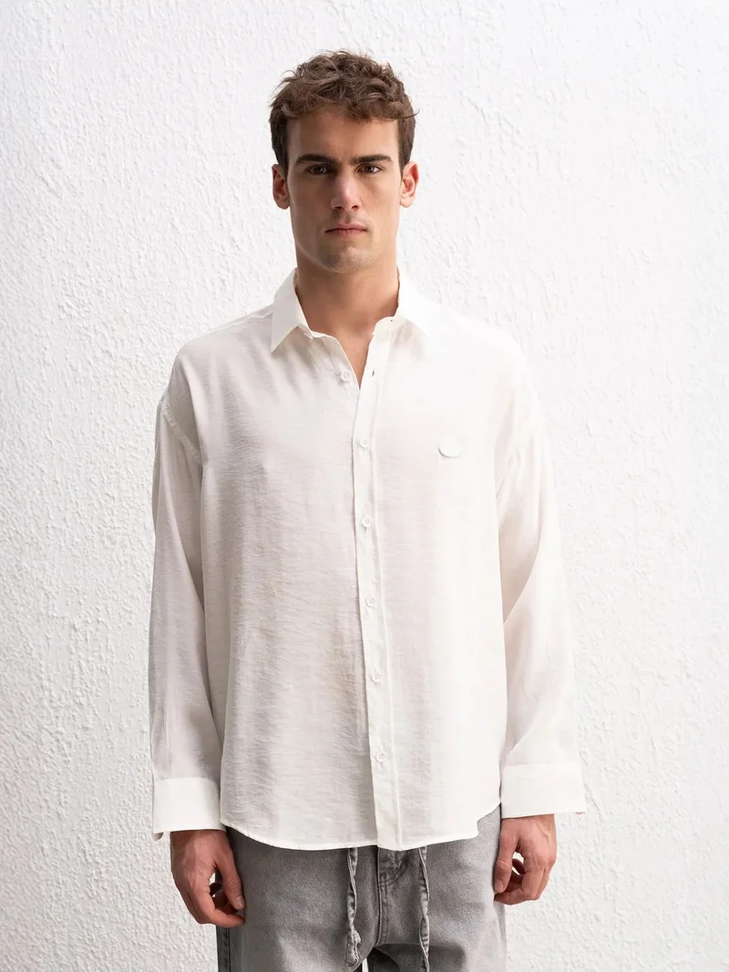 جيستو Oversized Button-Front Modal Blend Long Sleeve Shirt
