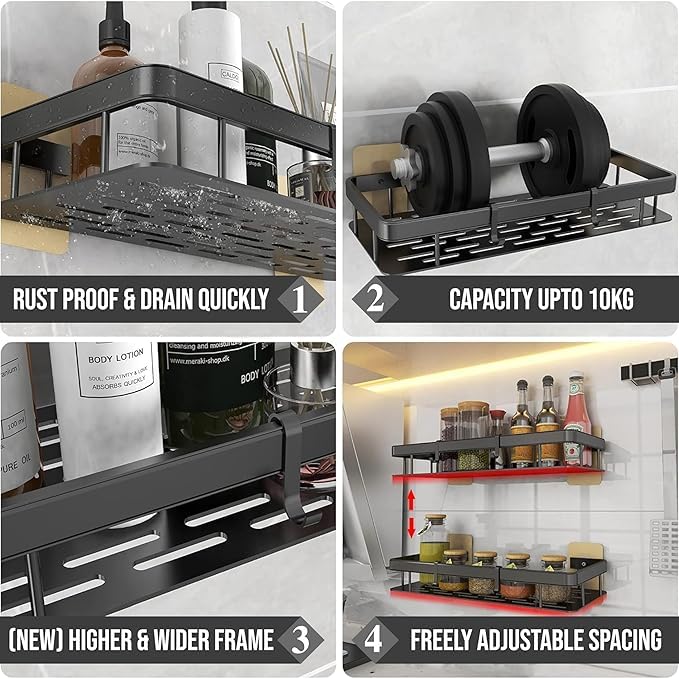 Kesrin Multipurpose Bathroom Kitchen Shelf Rack Wall Mounted Bathroom Shelf for Space Saving Punch FreeNoDrill Wall Shelves Durable Wall Stand Black Black 1 Count - Image 4