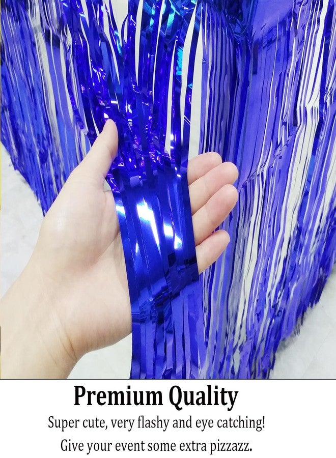 Blukey Set of 2 Metallic Foil Fringe Table Skirt 29x108 Inch Tinsel Disposable Skirting for Parade Floats Trailer, Mardi Gras Party, Birthday, Baby Shower, Wedding (Blue) - Image 2
