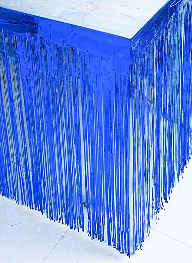 Blukey Set of 2 Metallic Foil Fringe Table Skirt 29x108 Inch Tinsel Disposable Skirting for Parade Floats Trailer, Mardi Gras Party, Birthday, Baby Shower, Wedding (Blue) - Image 1