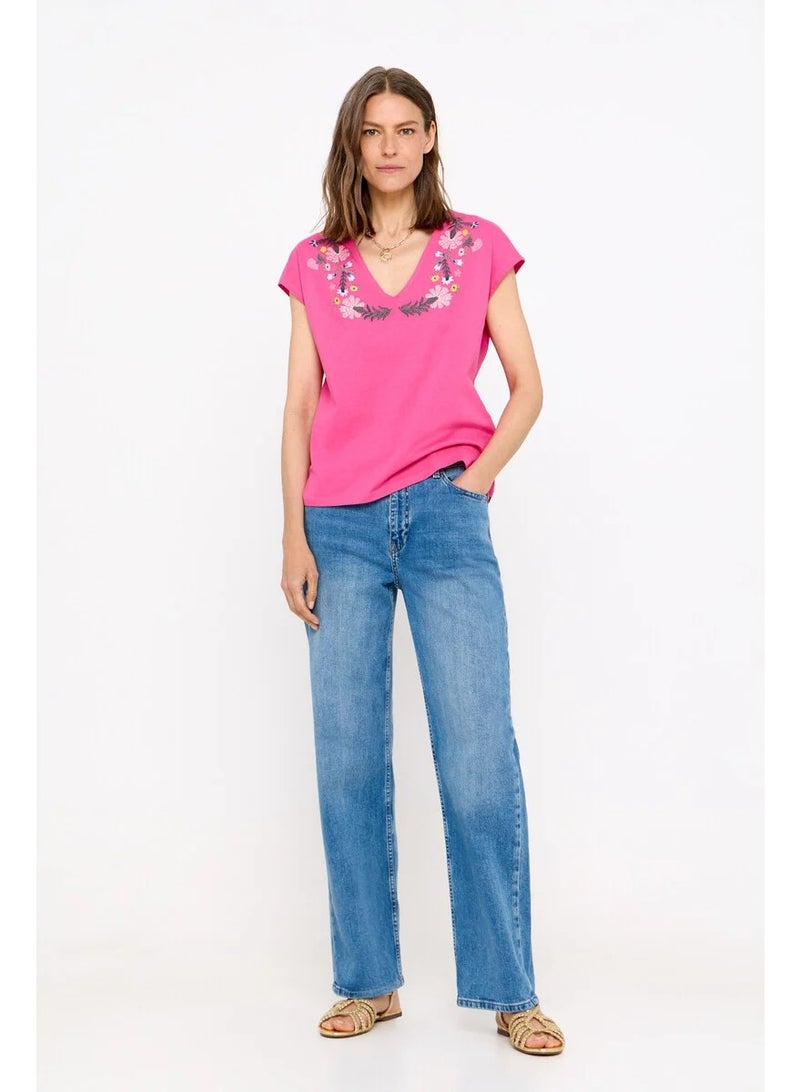 CORTEFIEL Women's Pink Embroidered Floral V-Neck T-Shirt, 100% Cotton - Image 1