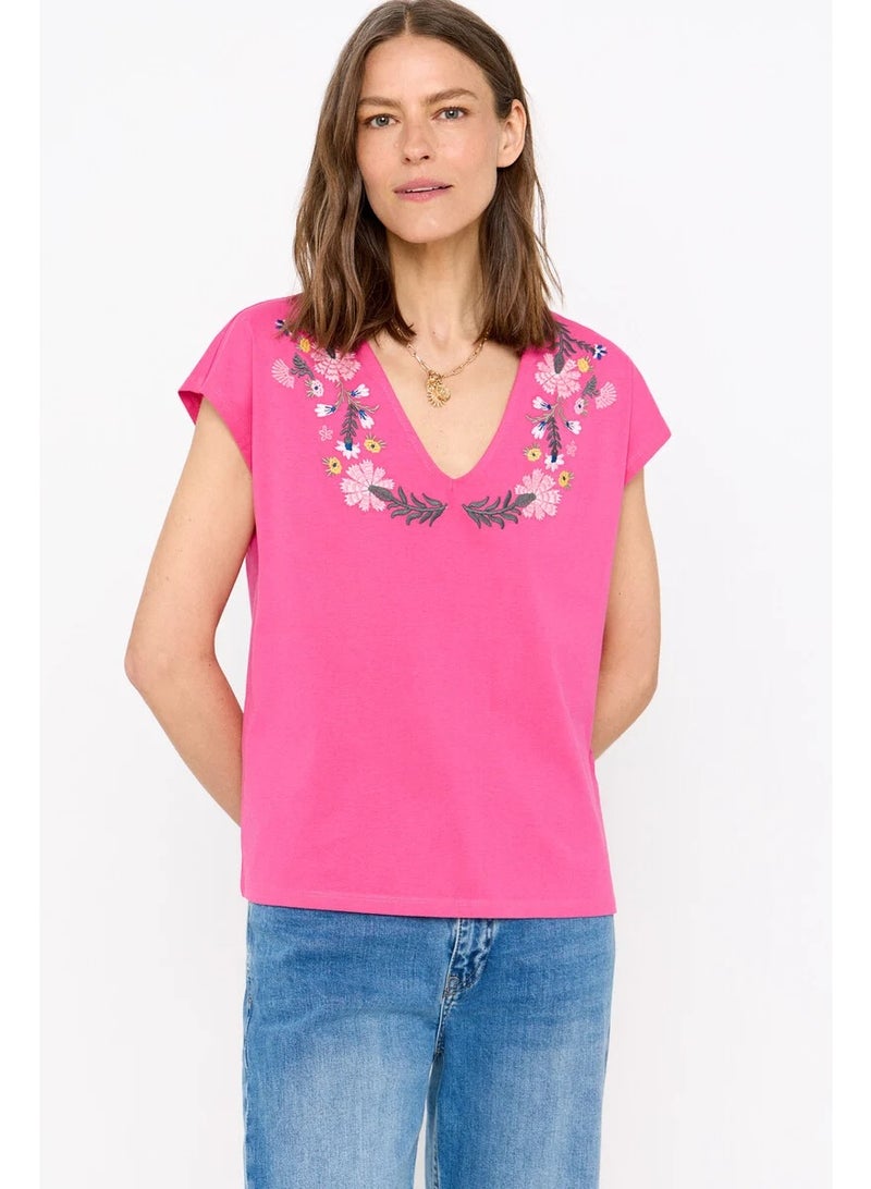 CORTEFIEL Women's Pink Embroidered Floral V-Neck T-Shirt, 100% Cotton - Image 2
