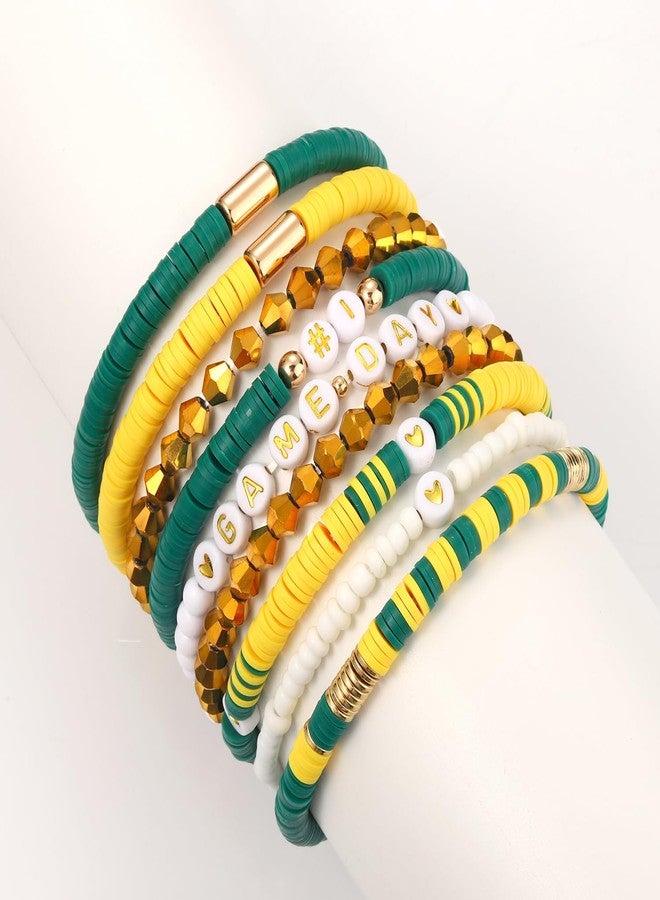 VOGUEKNOCK 9 Pack Game Day Bracelets for Women Stackable Heishi Beaded Stretch Bracelet Football Sport Fan Bracelet Sports Game Team Jewelry Accessories Gifts Green Yellow - Image 4