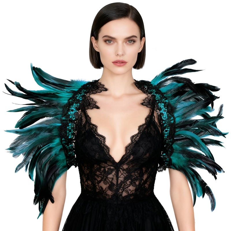 L'VOW Gothic Natural Feather Cape Shawl Shoulder Wrap Lace Collar Halloween Evil Queen Costumes for Women(Acid blue) - Image 1
